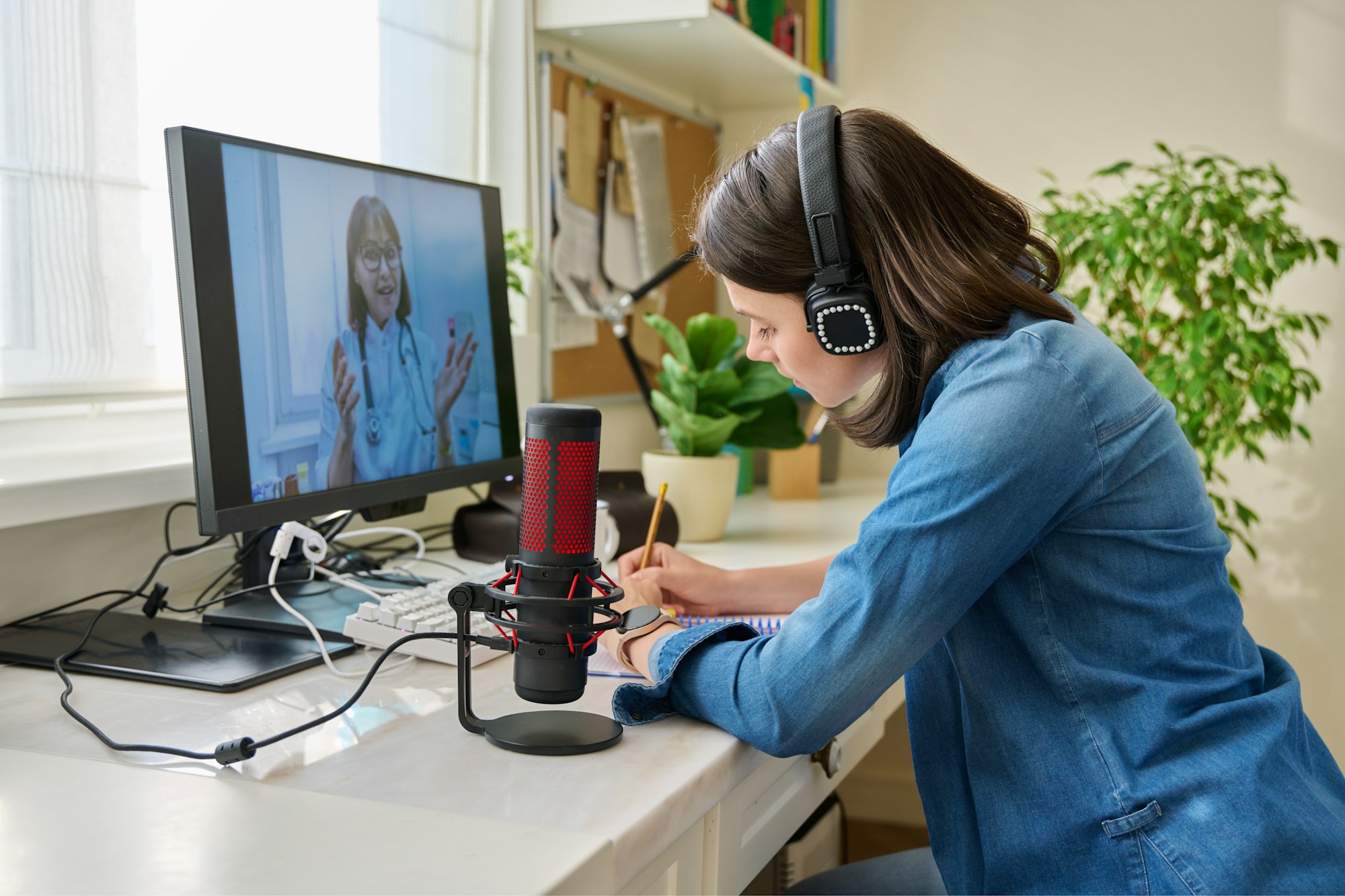 Young woman having video conference with doctor